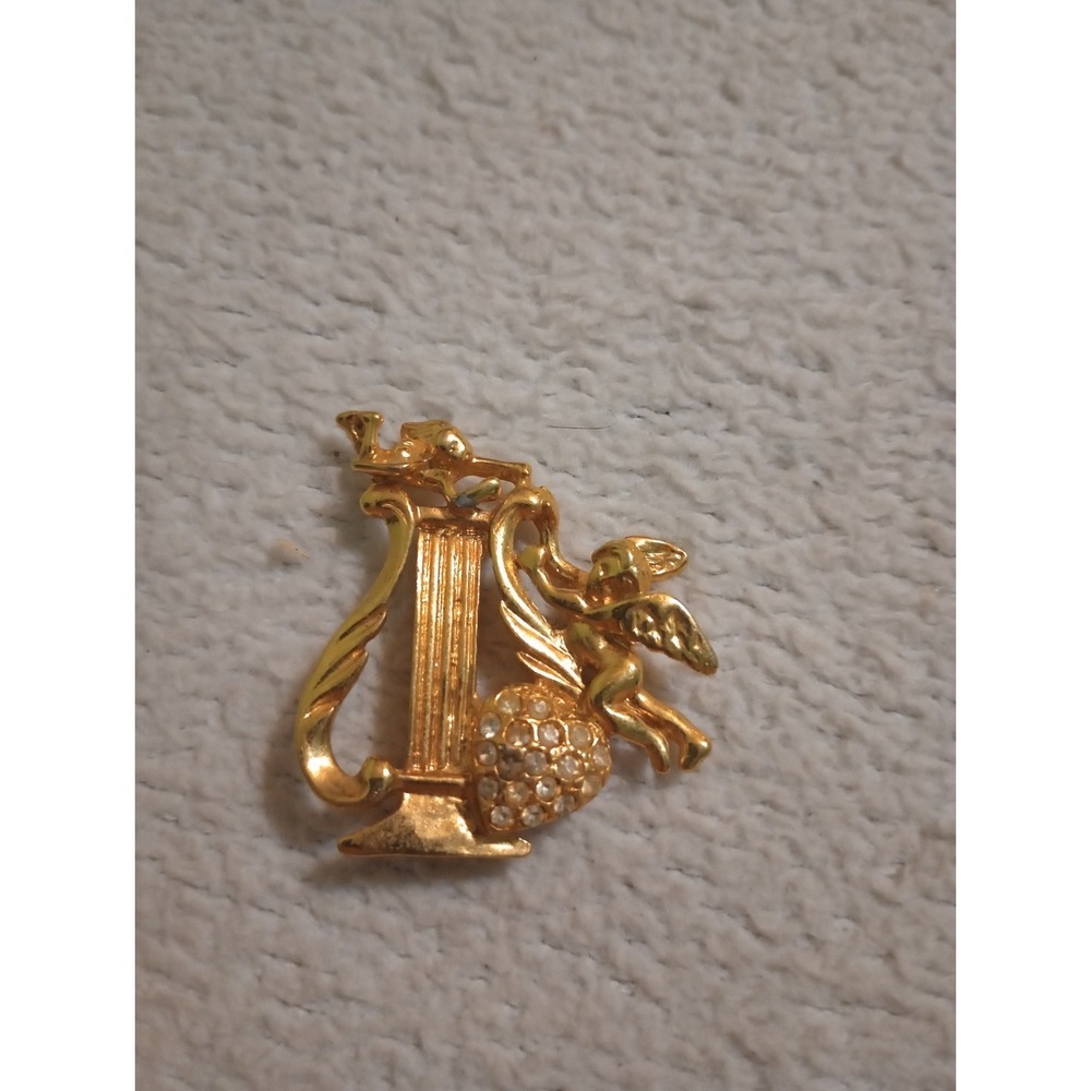 Angel & Harp Gold-Tone Brooch With Rhinestone Accents